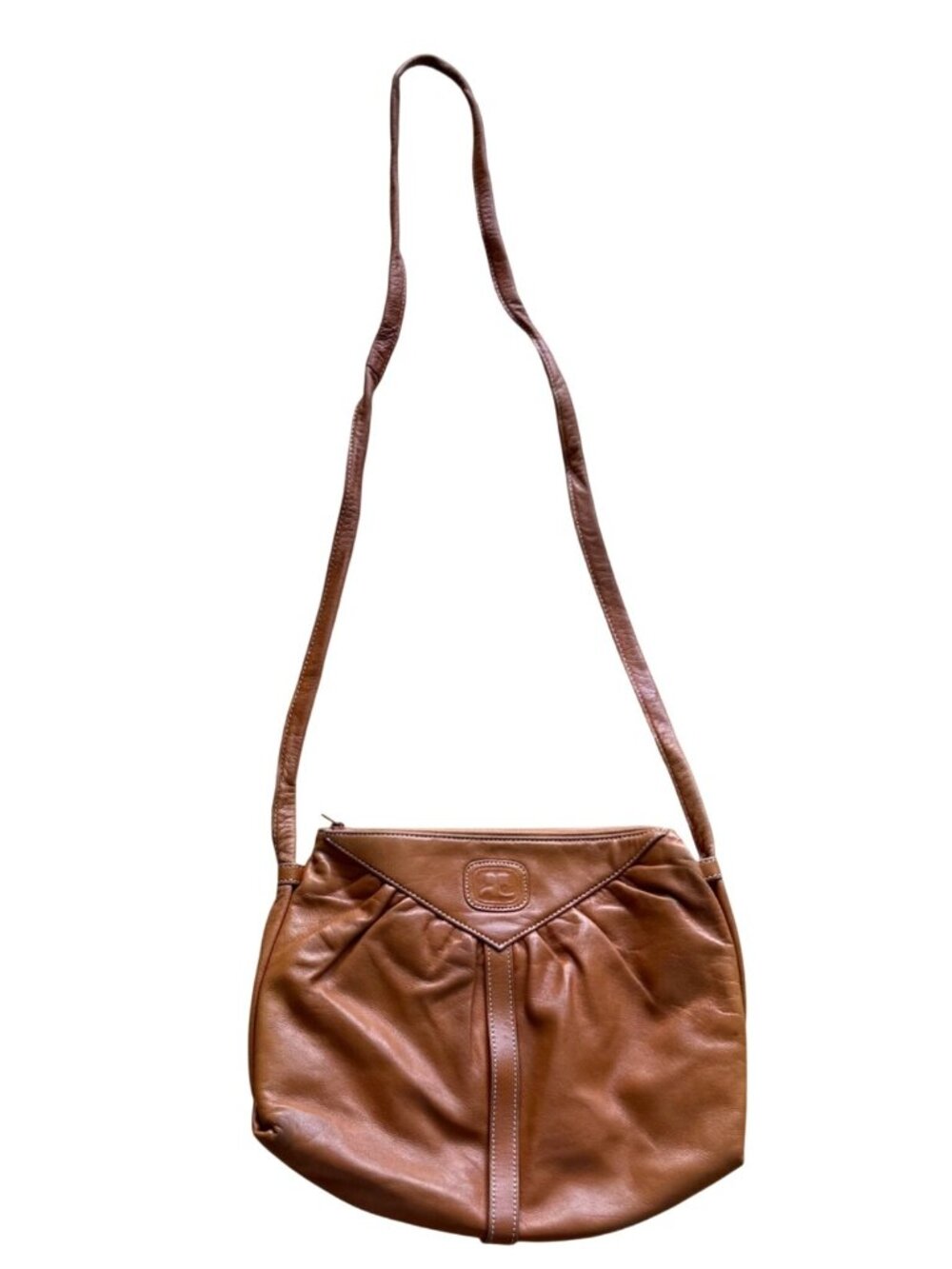 Vintage Courreges Paris Women's Crossbody Bag Brown Leather Embossed Logo Purse
